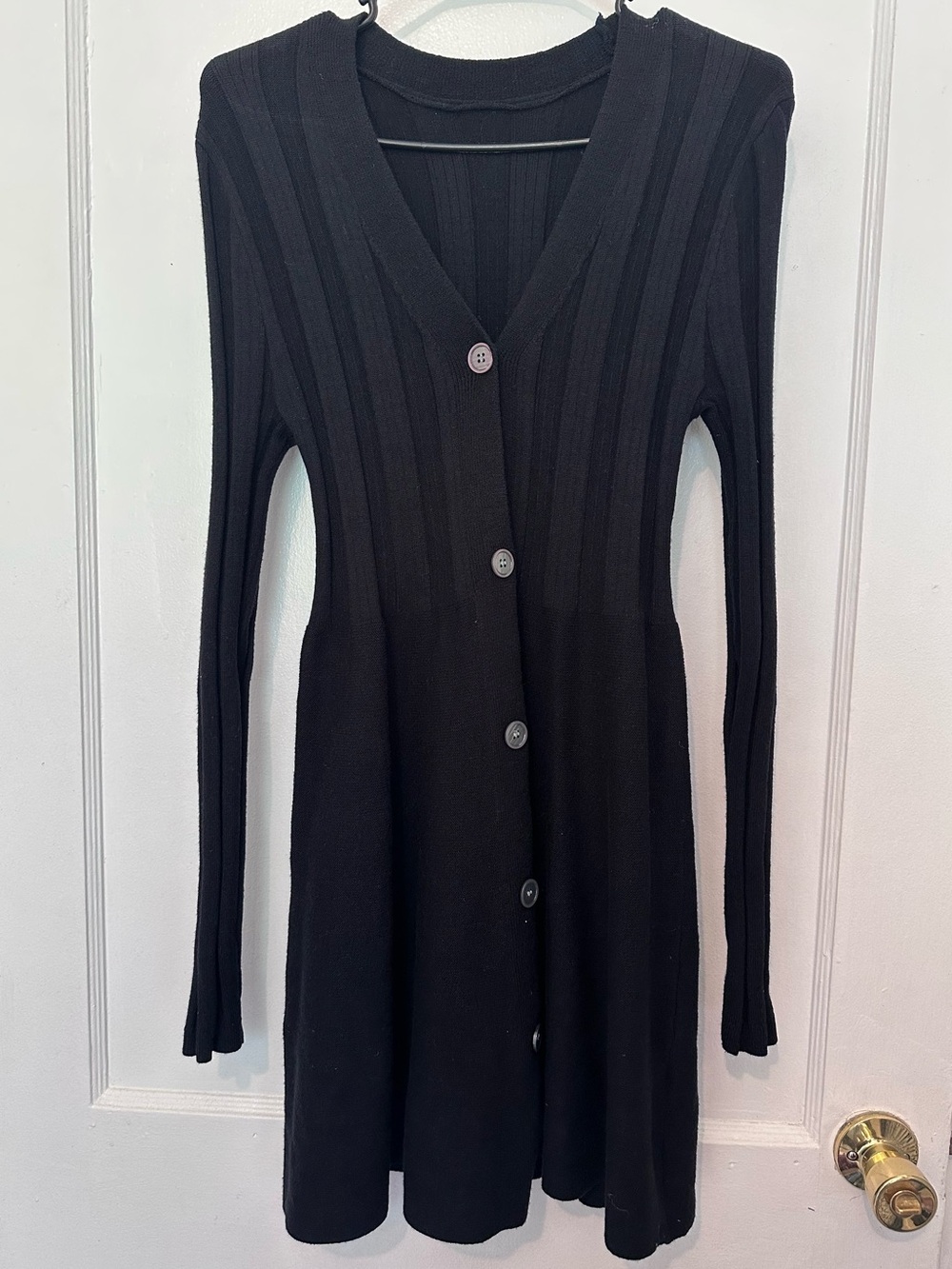 Black Ribbed Button-Front Long Sleeve Dress